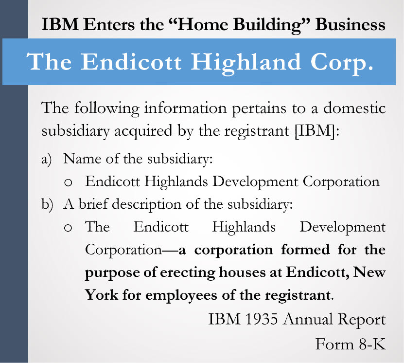 Sidebar with the information from IBM's 1935 Annual Report documenting the creation of the Endicott Highlands Corporation.