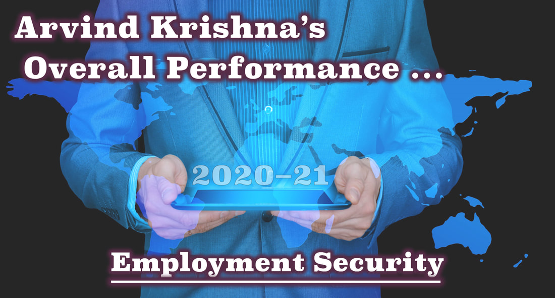 A color slide with the tagline: Arvind Krishna's Overall Employment Security Performance from 2020 to 2021.