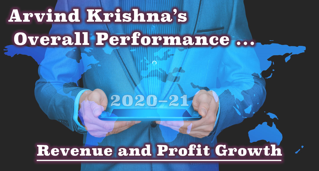 A color slide with the tagline: Arvind Krishna's Overall Performance from 2020 to 2021: Revenue and Profit Growth.