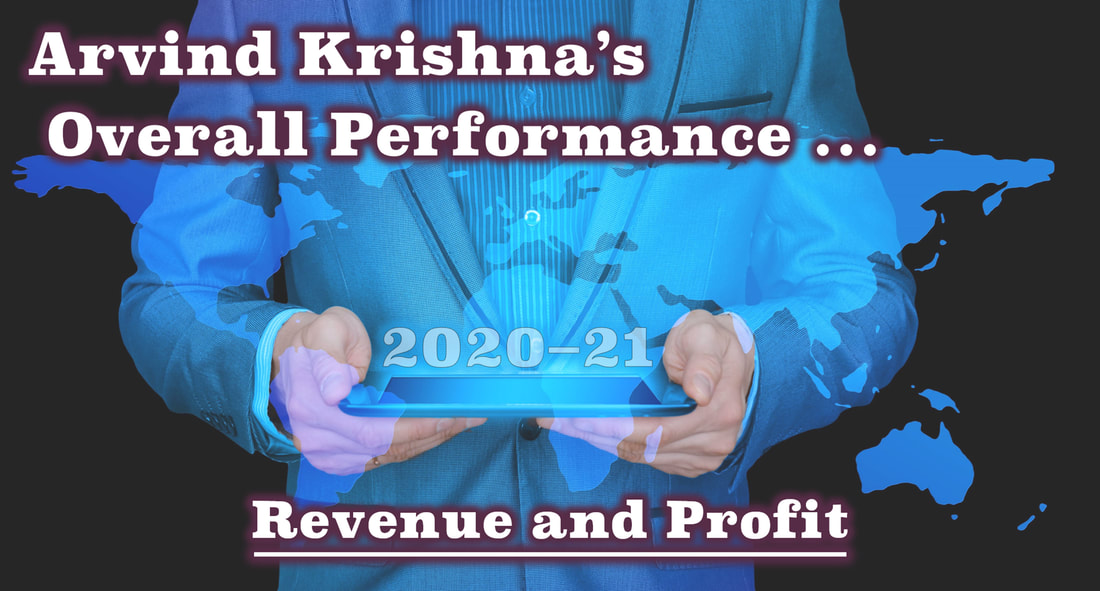 A color slide with the tagline: Arvind Krishna's Overall Revenue and Profit Performance from 2020 to 2021.
