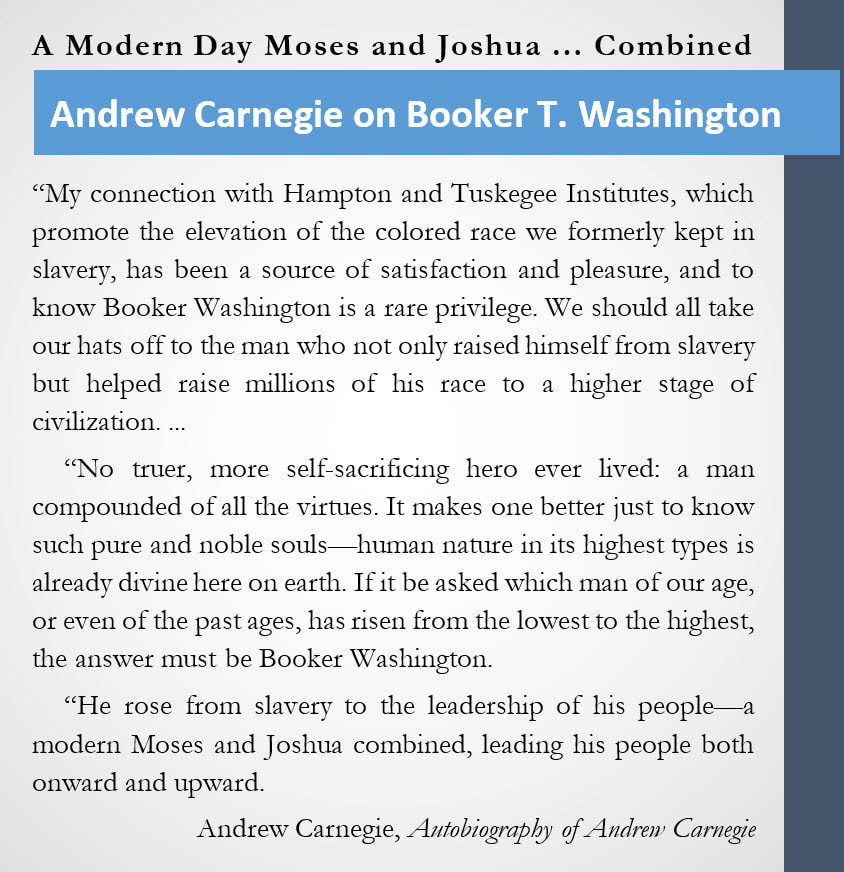 Sidebar with Andrew Carnegie's perspective on Booker T. Washington.