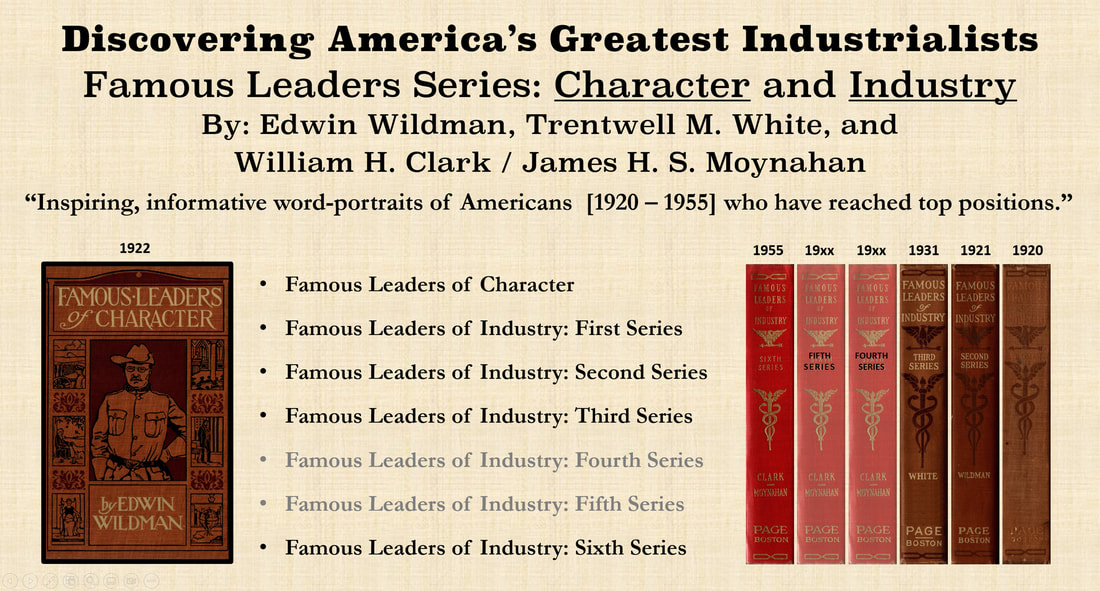 Slide showing the front cover and spines of Famous Leaders of Character and Famous Leaders of Industry.