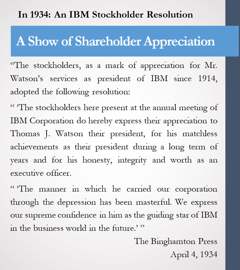 Sidebar with quote of Shareholder Resolution on the Leadership of Thomas J. Watson Sr.