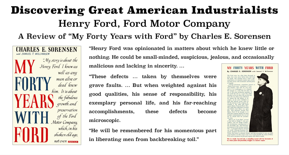Discovering Great American Industrialists slide with Image of Charles E. Sorensen, quote from book, and the front dust cover image of 