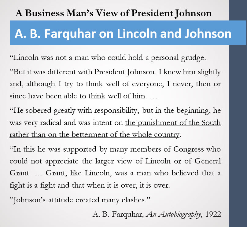 Sidebar image of A. B. Farquhar's perspective on President Johnson after President Lincoln's assassination.