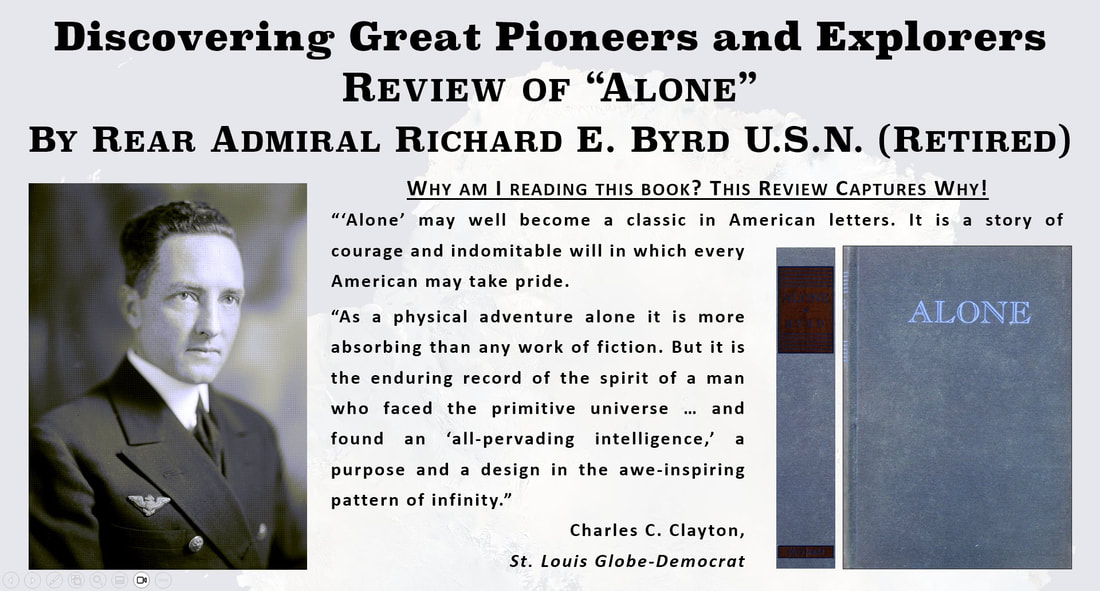 Slide with a picture of Rear Admiral Richard E. Byrd and the spine and front cover of his book, 