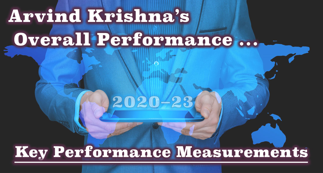 A high-quality, color slide with the tagline: Arvind Krishna's Overall Key Performance Measurements 2020-2023.
