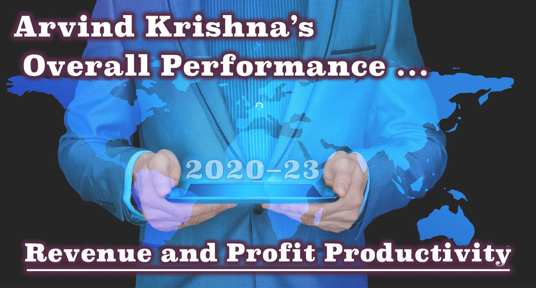 A high-quality, color image of a businessman holding a tablet with Arvind Krishna's 2020-2023 Revenue and Profit Productivity.