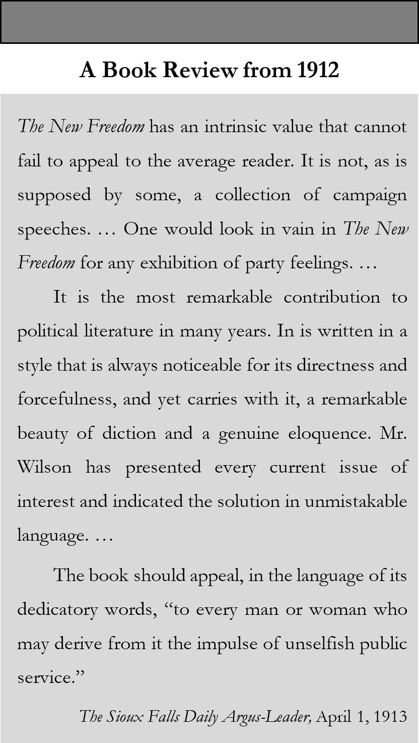 Sidebar image of a book review from 1912 of Woodrow Wilson's New Freedom.