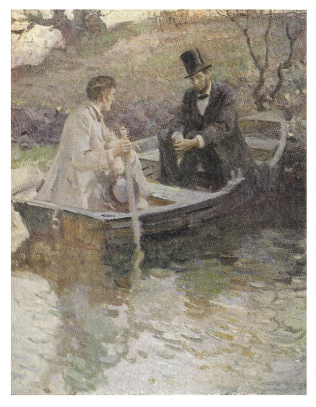 Image of Abraham Lincoln in a boat with a young man.