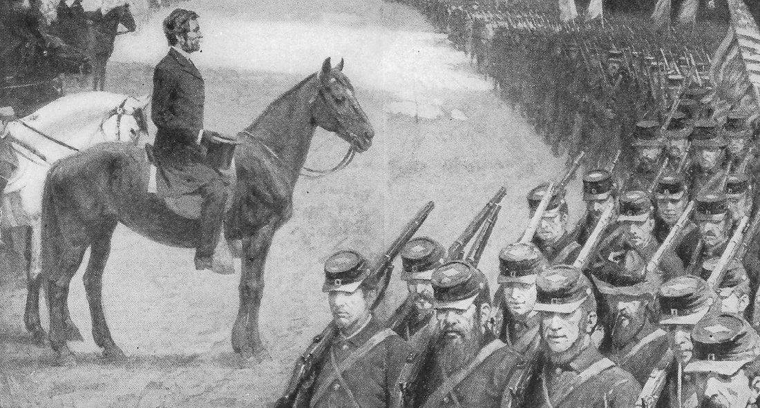 A high-quality, black-and-white picture of Abraham Lincoln on horseback with Union soldiers passing in review.
