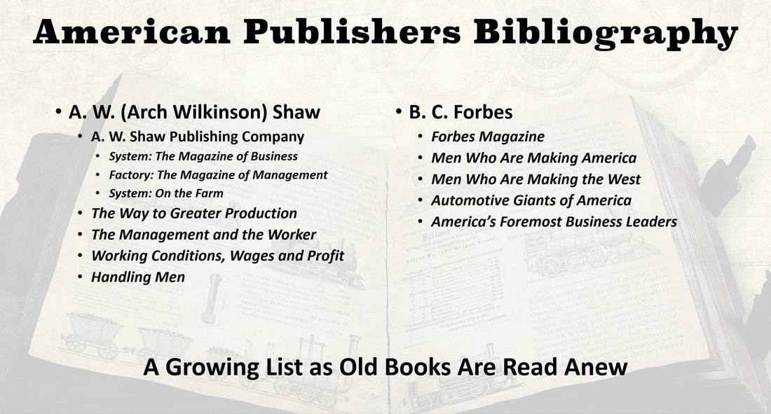 Great American Publishers Bibliography including A. W. (Arch Wilkinson) Shaw's and B. C. Forbes's works of non-fiction.