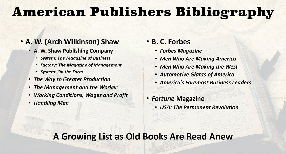 Great American Publishers Bibliography including A. W. (Arch Wilkinson) Shaw's, B. C. Forbes's works of non-fiction, and Fortune Magazine's books.