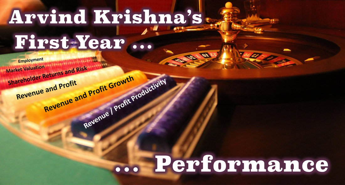 An image of a roulette table with the tagline: Arvind Krishna's First-Year Performance Metrics.