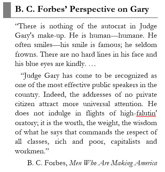 Sidebar with B. C. Forbes perspective on Judge Elbert H. Gary from 
