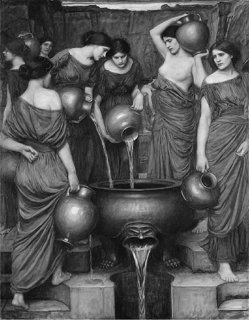 Image of women pouring water into Danaïdes' broken urn. 