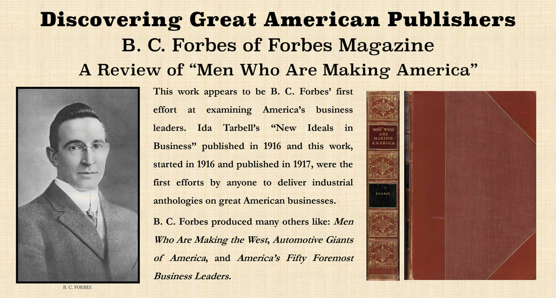 Slide of Discovering Great American Publishers: Picture of B C Forbes with the spine and front cover images of his book, 