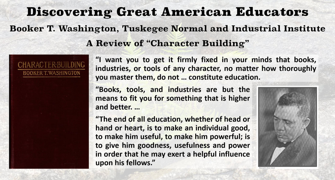 Image of Peter E. Greulich's American Educators Bibliography including a picture of Booker T. Washington and the front cover of his book 