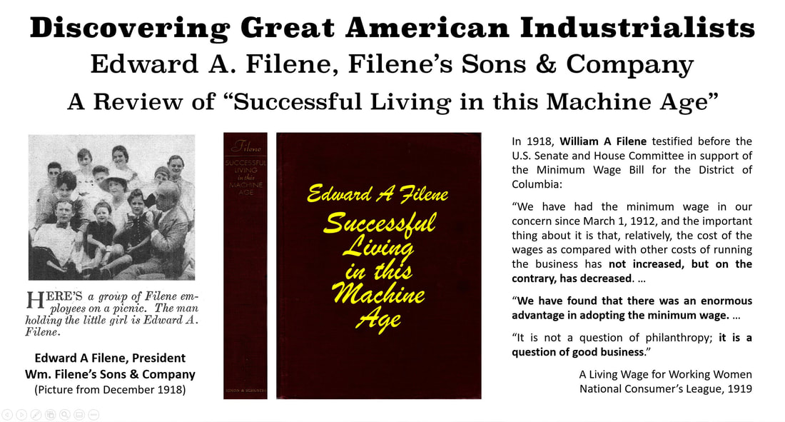Discovering Great American Industrialists: Image of Edward Filene with employees and image of cover of his book, 