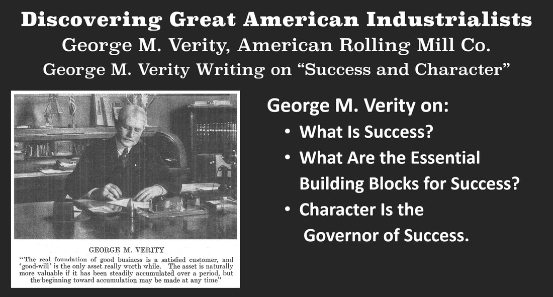 Discovering Great American Industrialists: Image of George M. Verity sitting at his desk with George M. Verity's perspective on the four stakeholders in a corporation.