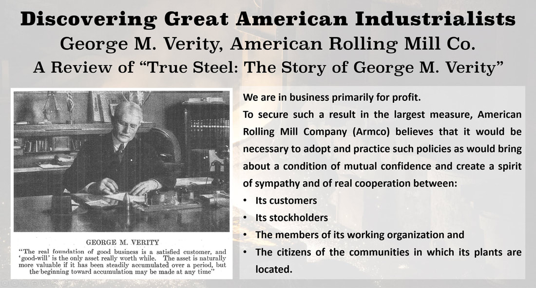 Discovering Great American Industrialists: Image of George M. Verity sitting at his desk with George M. Verity's perspective on the four stakeholders in a corporation.