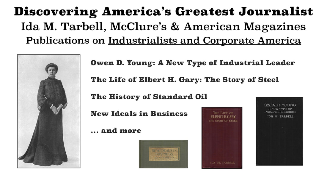 A Slide showing Ida M. Tarbell standing and the covers of three of her corporate books, 