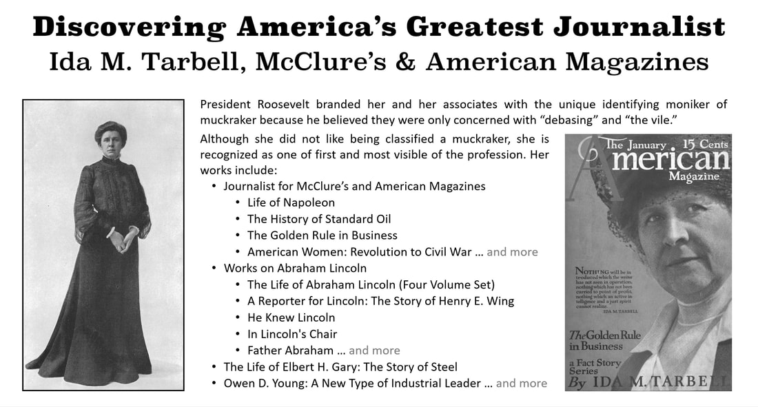 Slide showing Ida M. Tarbell standing and on the cover of American Magazine and a collection of her works both fiction and non-fiction.