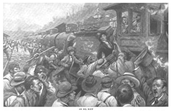 Picture of riot at trains loading oil for Standard Oil Company.