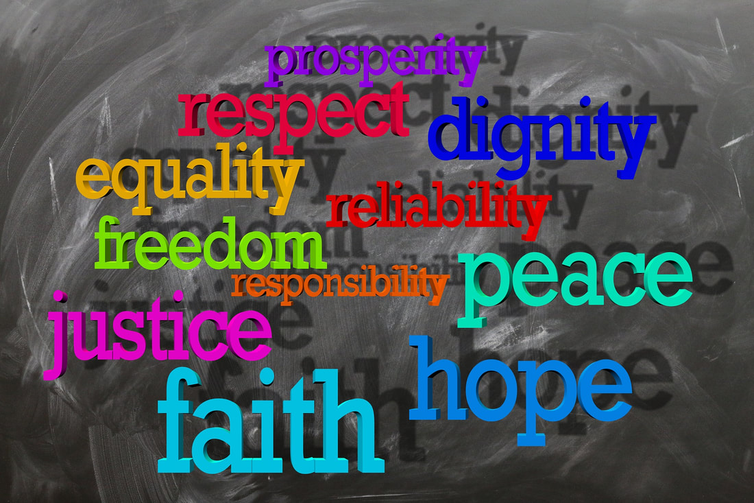 Picture of blackboard with faith, hope, justice as symbol of human rights in this world.