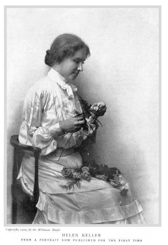 A high quality image of Helen Keller with flowers from McClure's Magazine in October 1905.