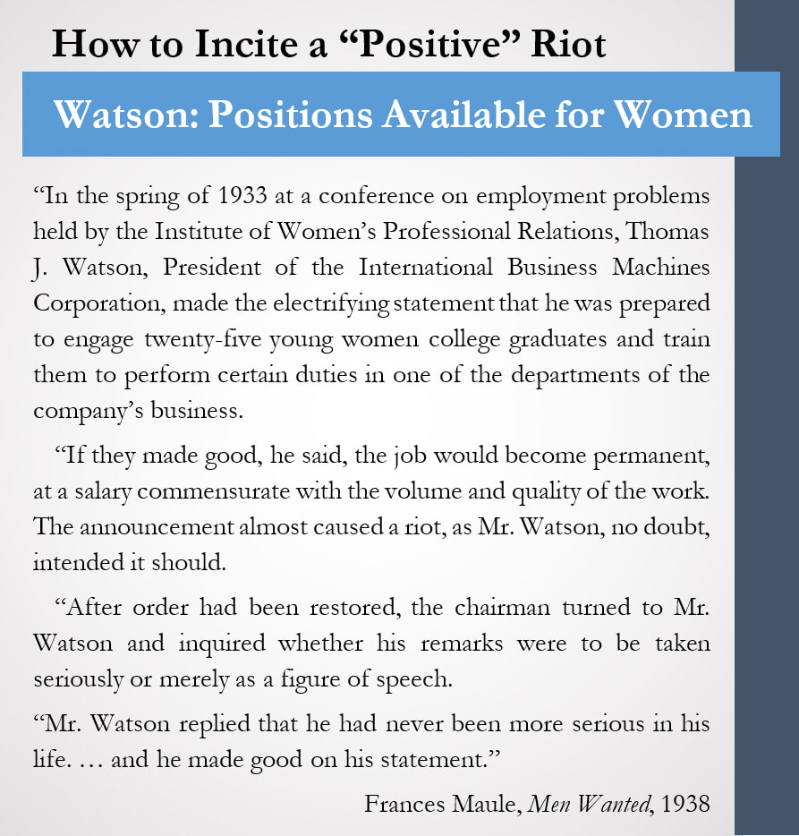Sidebar with the women's reaction to Watson Sr. opening up jobs to them in 1935.