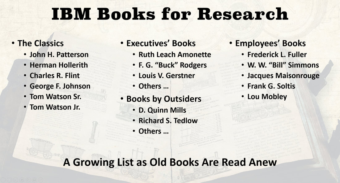 A slide showing a collection of books about IBM that would assist in research.