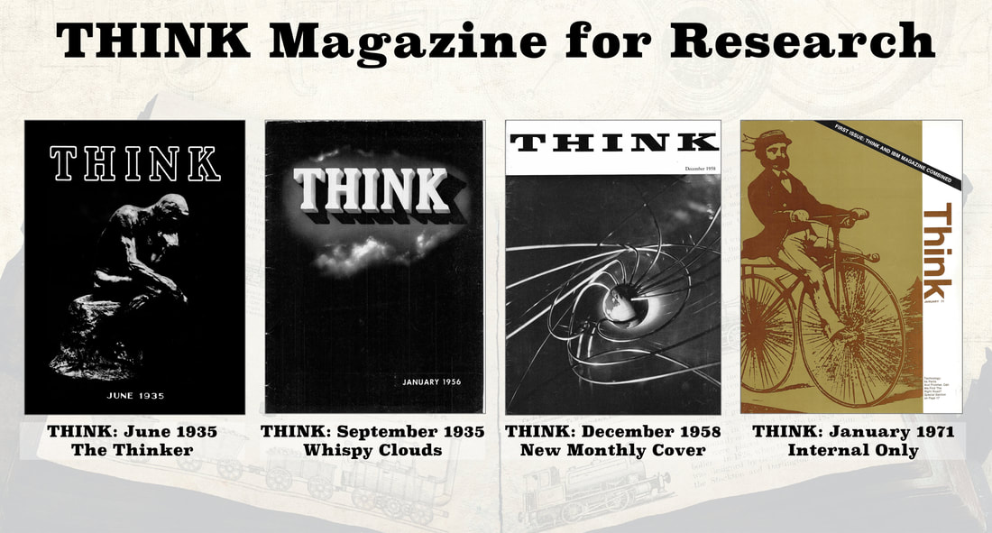 Slide of four issues of THINK Magazine: June 1935 (first issue), September 1935 (Whispy clouds), 1958, (new covers each month), January 1971 (merged THINK Magazine and IBM Business Machines)