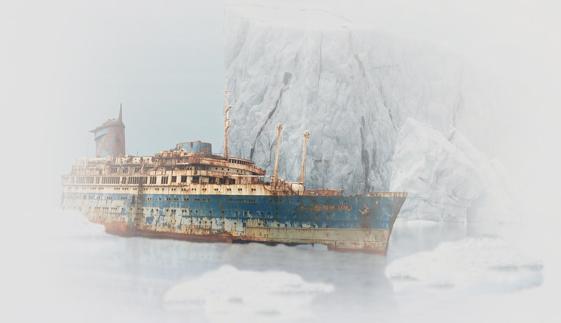 Picture of ship breaking up on an iceberg.