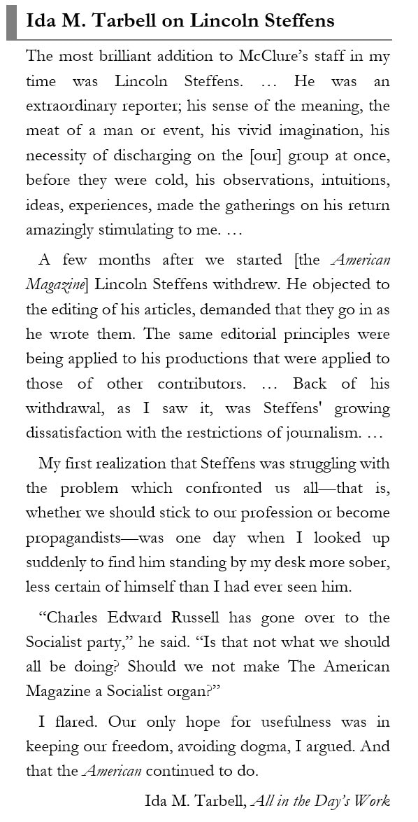 Sidebar with Ida M. Tarbell's critical view of Lincoln Steffens.