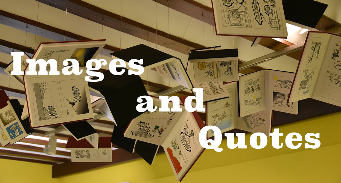 Image of books hanging from a ceiling with the tagline: Images and Quotes from 