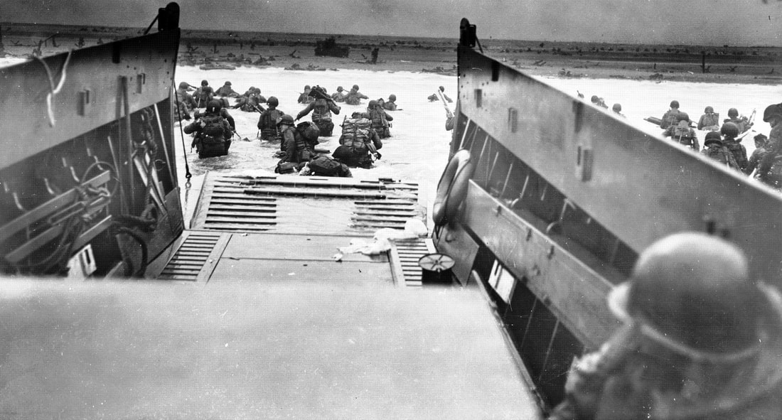 Image of infantrymen on D-Day landing on Omaha beach.