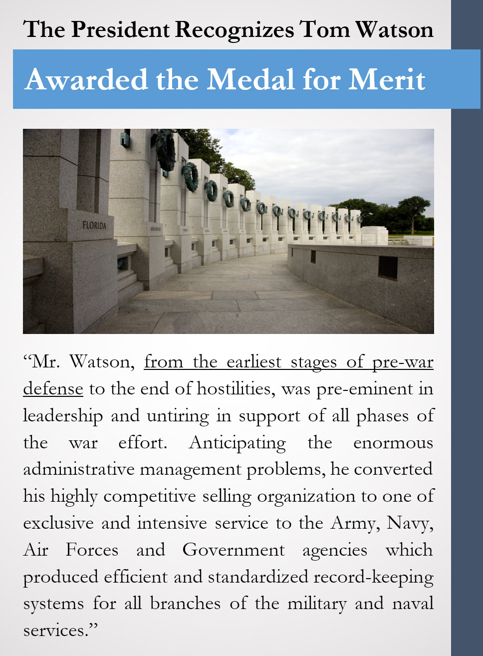 A high-quality image of a sidebar with an image of the WWII Memorial and the heading 