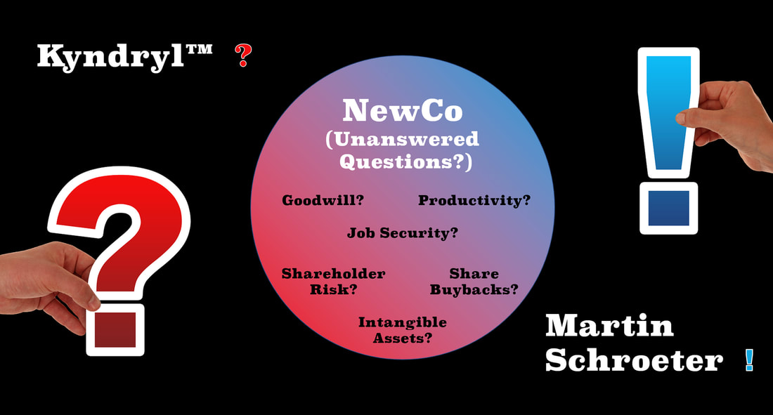 A slide image showing the questioning of the IBM NewCo name of Kyndryl and surprise at Martin Schroeter being named CEO.