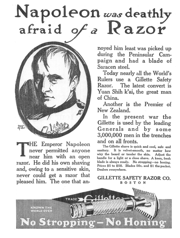 Image of Gillette Razor advertisement and Napoleon fearing getting a shave.