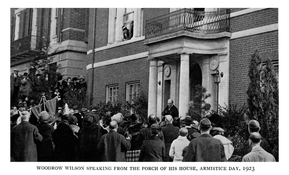 A high-quality, black-and-white image of citizens standing outside Woodrow Wilson's home to offer their respect and well-wishes.