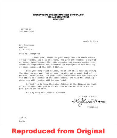 Replica of a letter sent by Thomas J. Watson Sr. to IBM employees who entered the service during World War II.