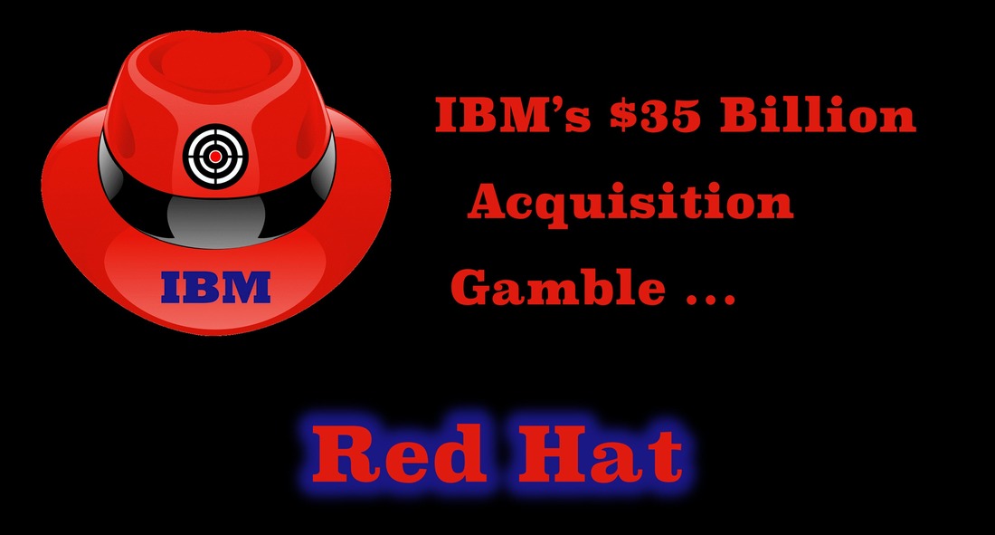 A chart dedicated to the IBM - Red Hat acquisition. A Red Hat with IBM on the brim with the tagline: IBM's $35 Billion Gamble.