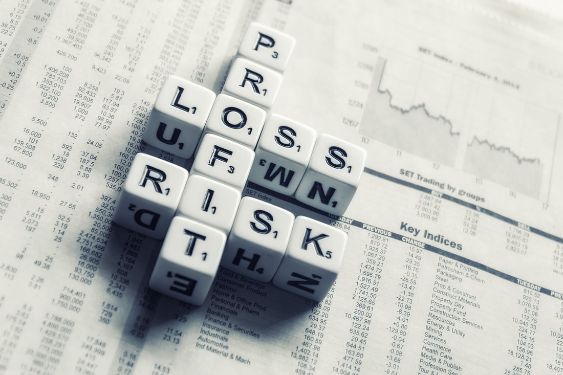 Risk and Reward showing profit, loss and risk on stock market paper.
