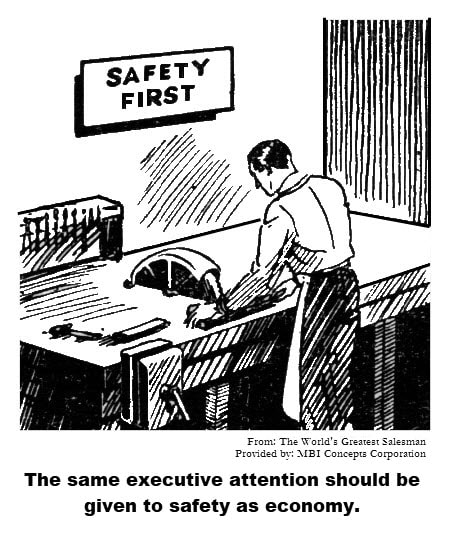 Black and white drawing of employee working at saw with sign overhead saying, 