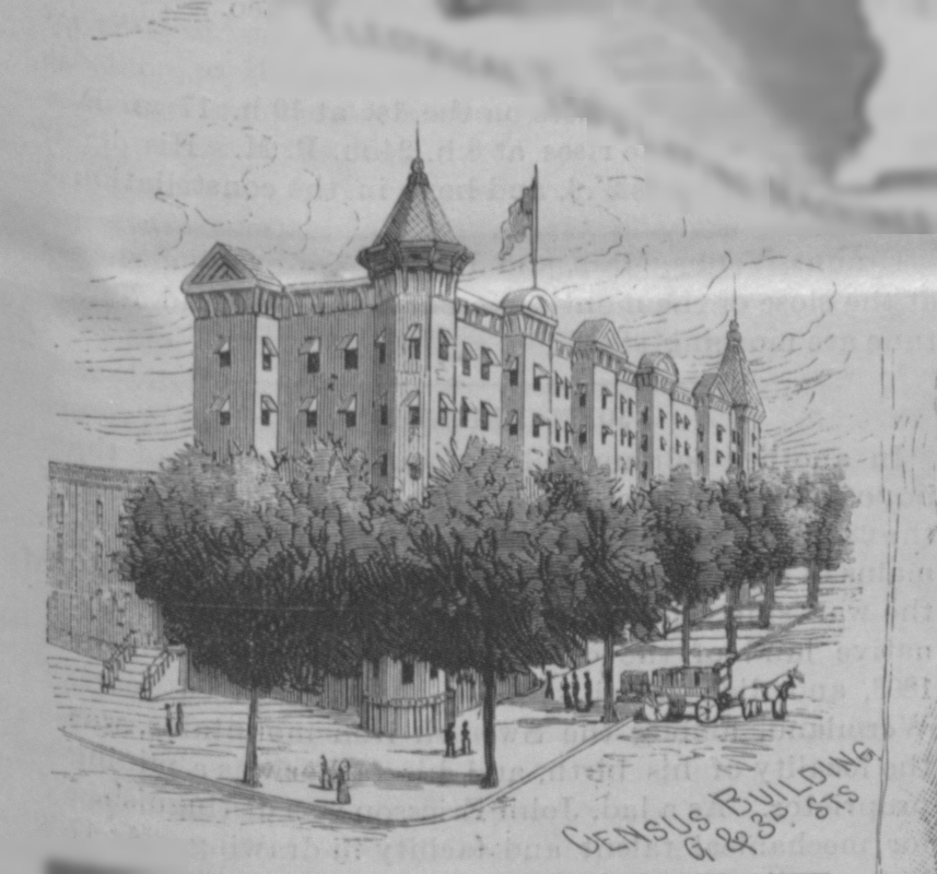 Black and white drawing of the Census Bureau building in 1890.