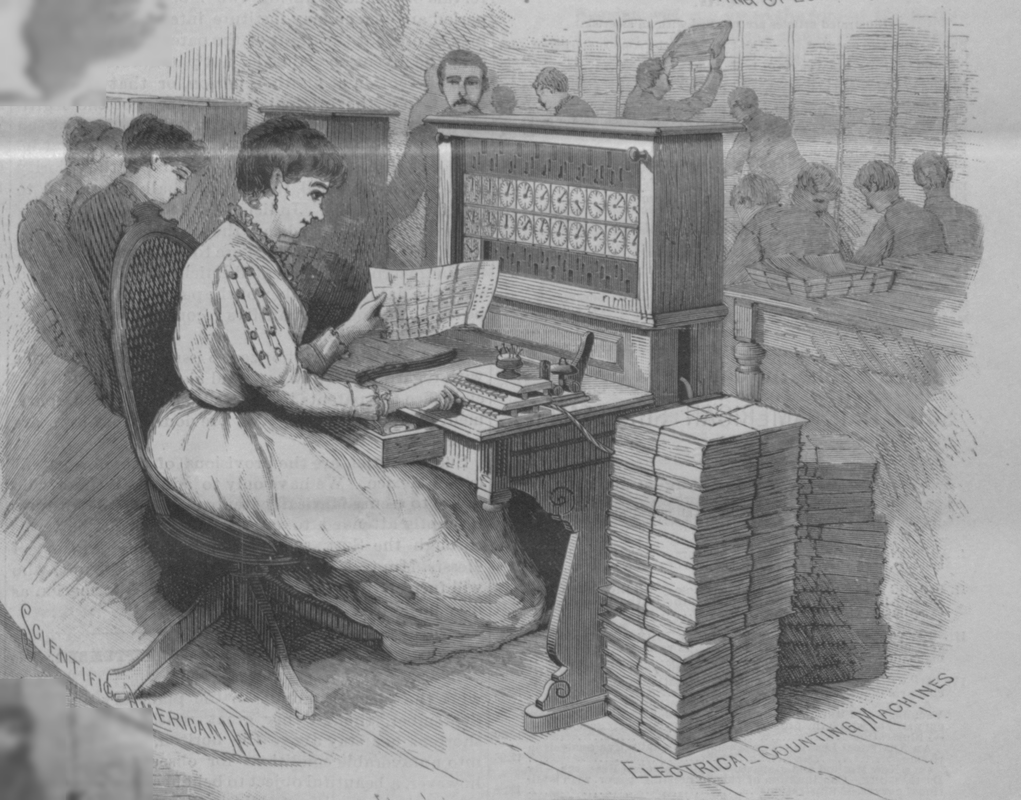 Black and white drawing of the 1890 United States Census' electrical counting machine.