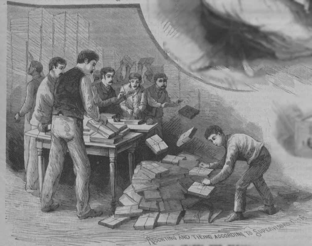 Black and white drawing of the 1890 United States Census' data arriving in Washington D.C. and being sorted and tied.