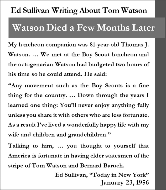 Sidebar with a quote from Ed Sullivan about Thomas J. Watson Sr. at a Boy Scout Luncheon.