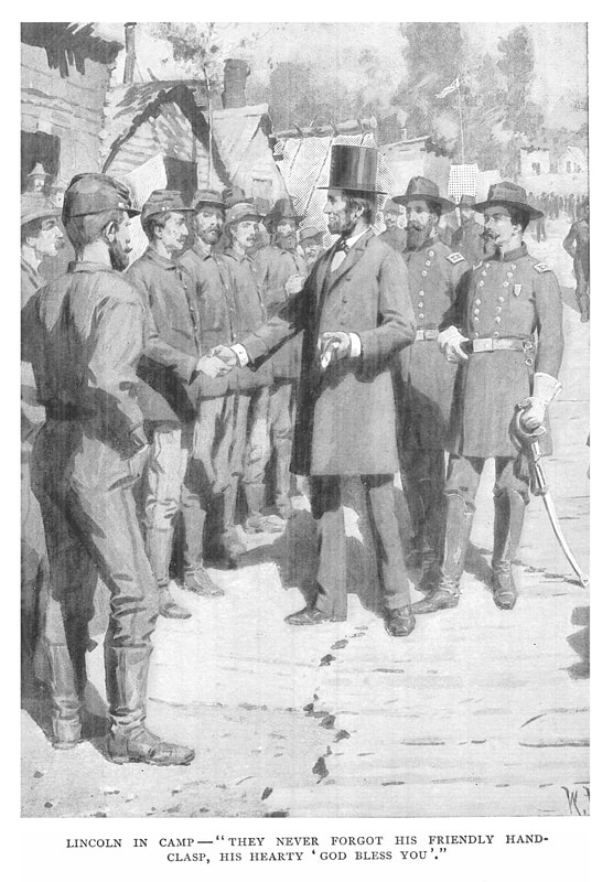 Image of Lincoln greeting troops in camp.